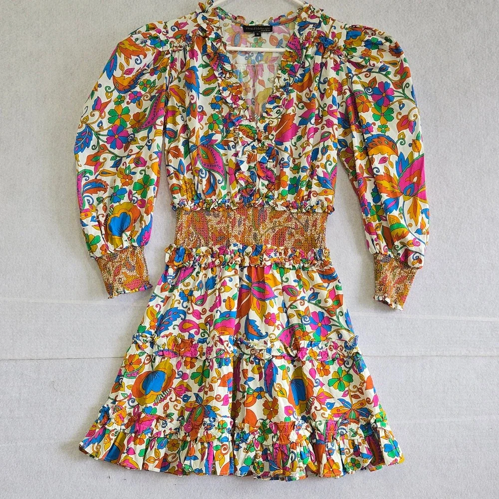 House of Harlow 1960 Nicole Richie Floral Smocked Mini Dress Cotton Small Multi - Picture 1 of 7